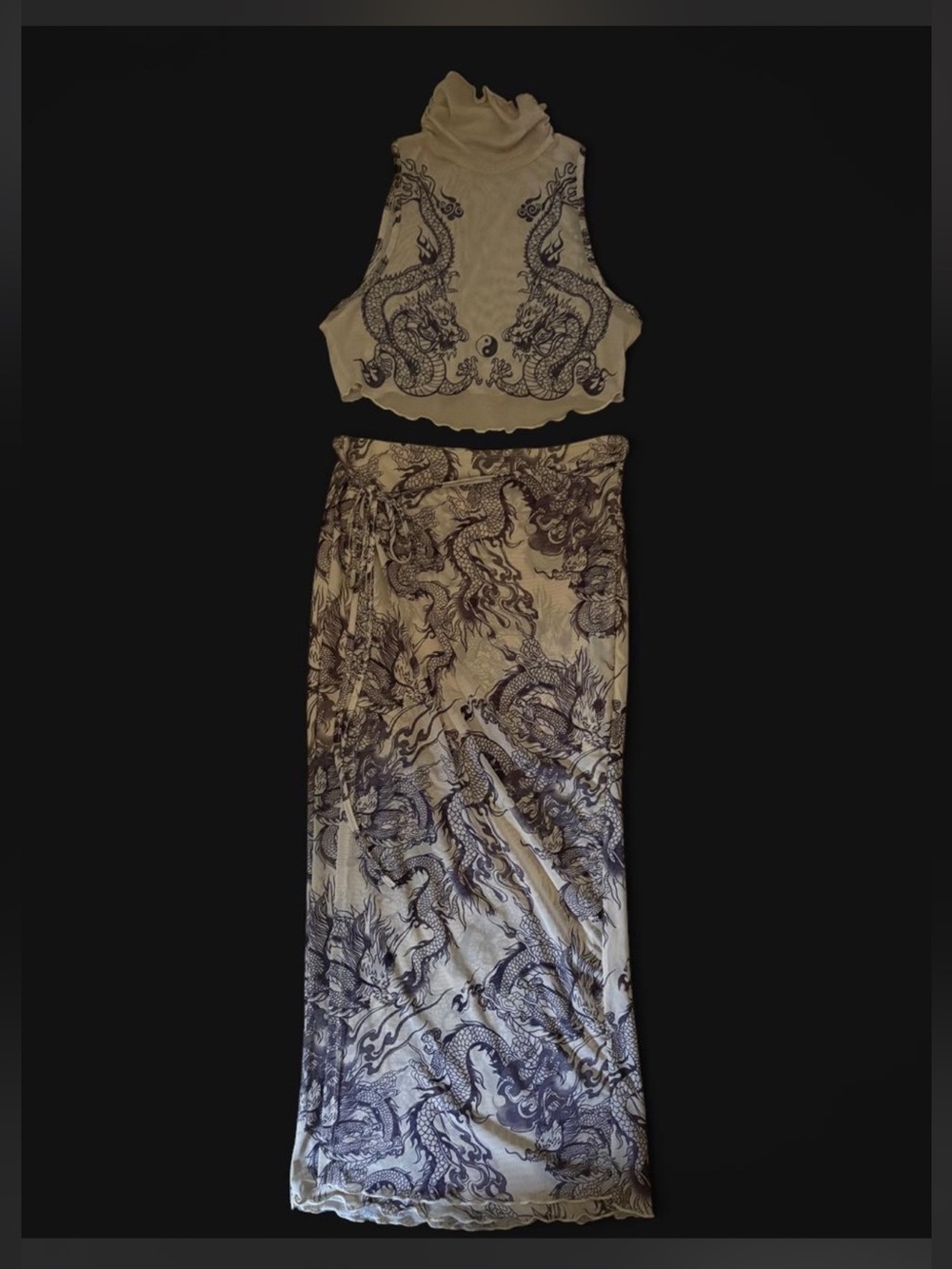 Beige Dragon Print Maxi Skirt and Top Set - Women